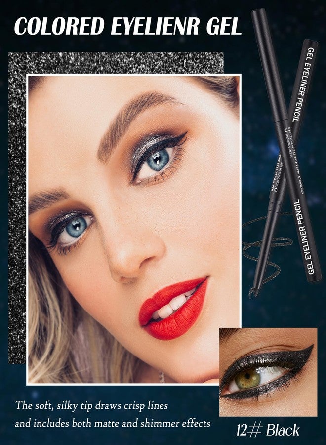 Lestpola Black Glitter Gel Eyeliner Pencil Waterproof, Metallic Retractable Cream Smooth Eye Liner Pencils, Long Lasting Waterline Hypoallergenic Eyeliner Pen, Highly Pigmented Smudge-Proof Makeup for Women-12 - Image 2